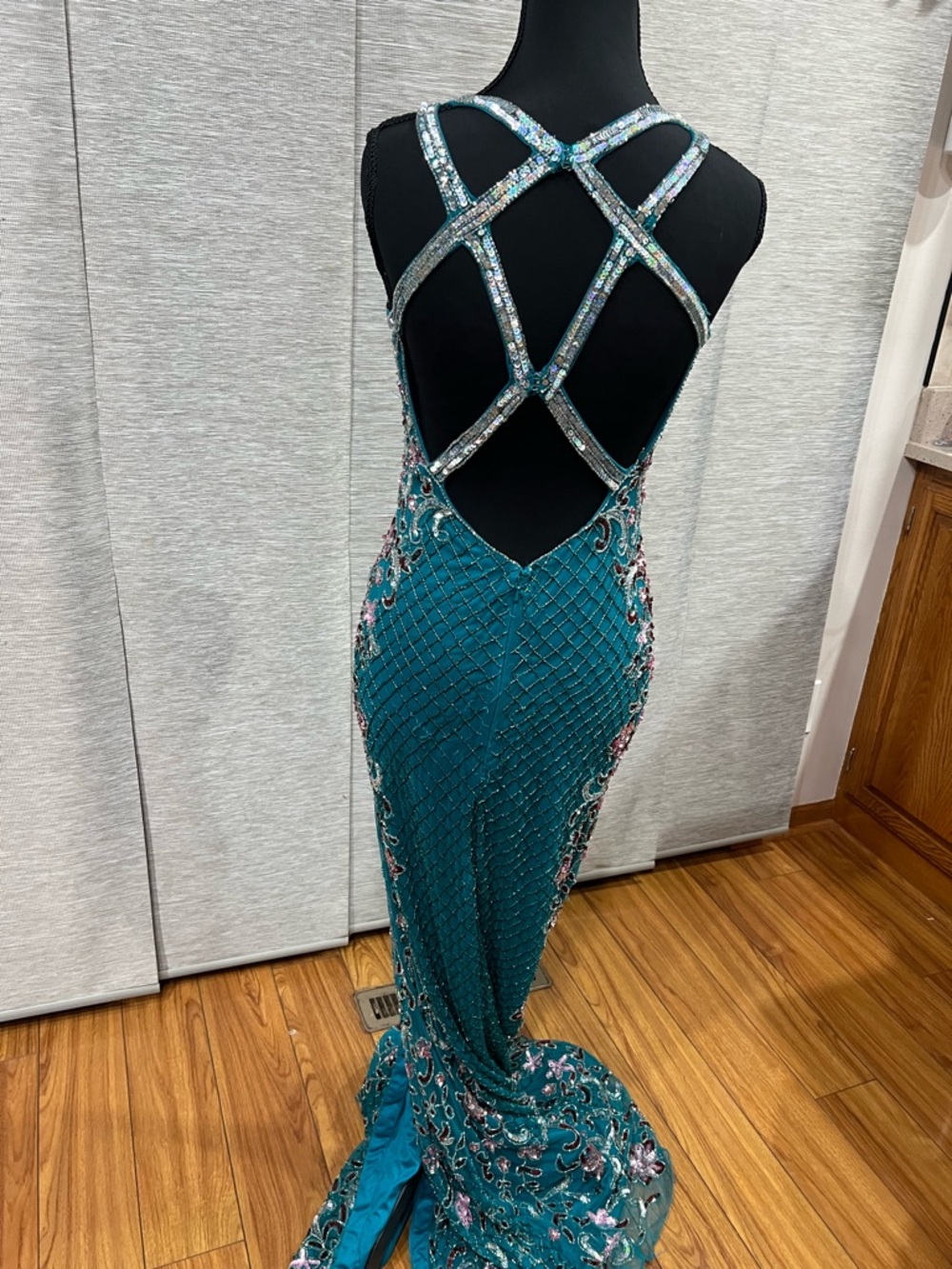Prom Dress Teal Beaded V-Neck Evening Gown- Primavera Couture Style #3405 - Picture 6 of 7